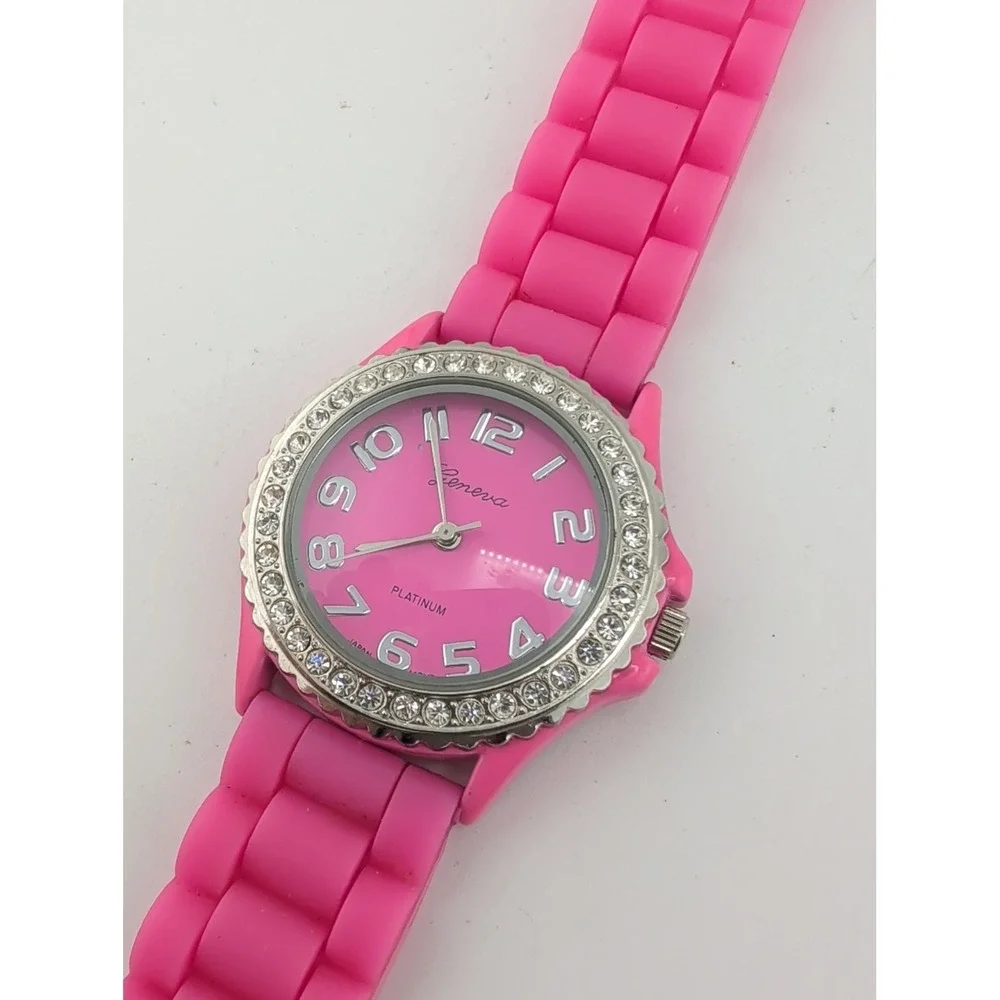 Geneva Platinum Watch Women 38mm Case Pink Silicone Band- New Battery